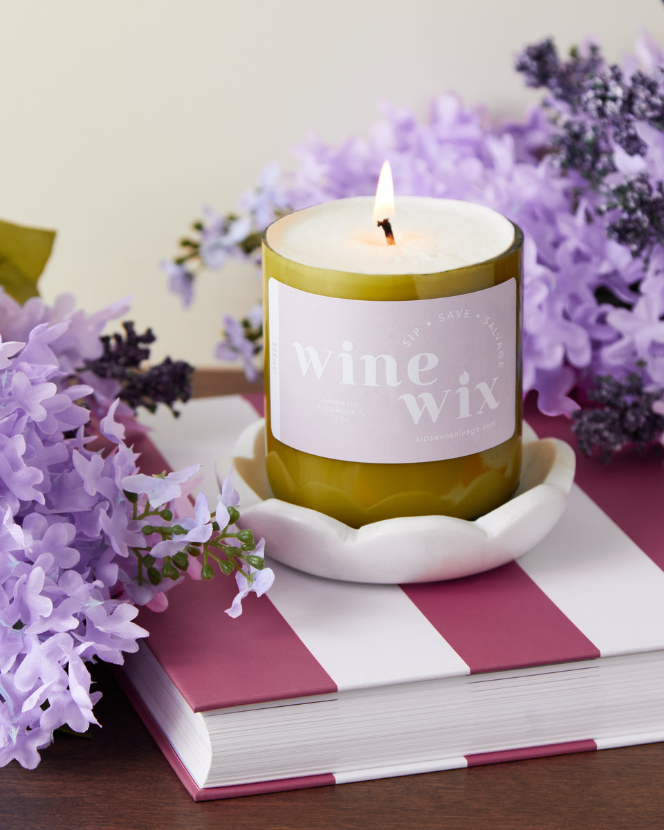 Lilac Blossoms scented 12 oz. soy candle in upcycled wine bottle - Lim -  Lit Up Candle Co.